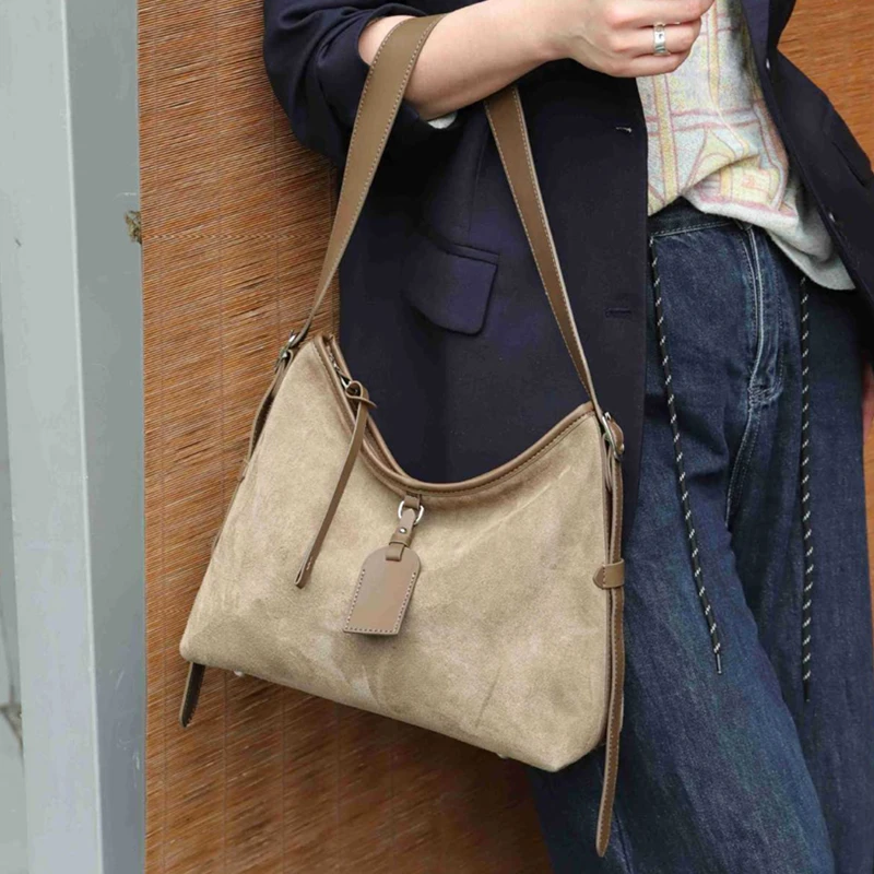 BURMINSA Suede Genuine Leather Hobo Shoulder Bags For Women Luxury Designer Soft Bucket Tote Elegant Messenger Ladies Handbags