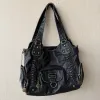 Vintage Distressed Leather Tote Bag, Retro Braided Shoulder Bag with Antique Brass Hardware, Multi-Pocket Hobo Handbag for Women