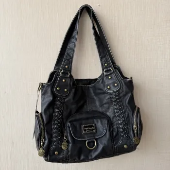 Vintage Distressed Leather Tote Bag, Retro Braided Shoulder Bag with Antique Brass Hardware, Multi-Pocket Hobo Handbag for Women