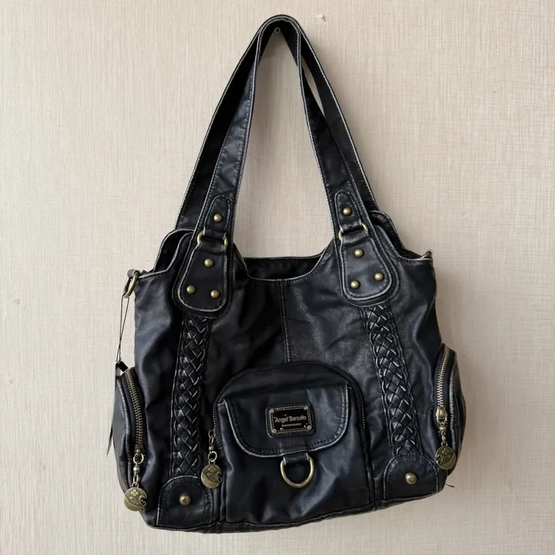 Vintage Distressed Leather Tote Bag, Retro Braided Shoulder Bag with Antique Brass Hardware, Multi-Pocket Hobo Handbag for Women