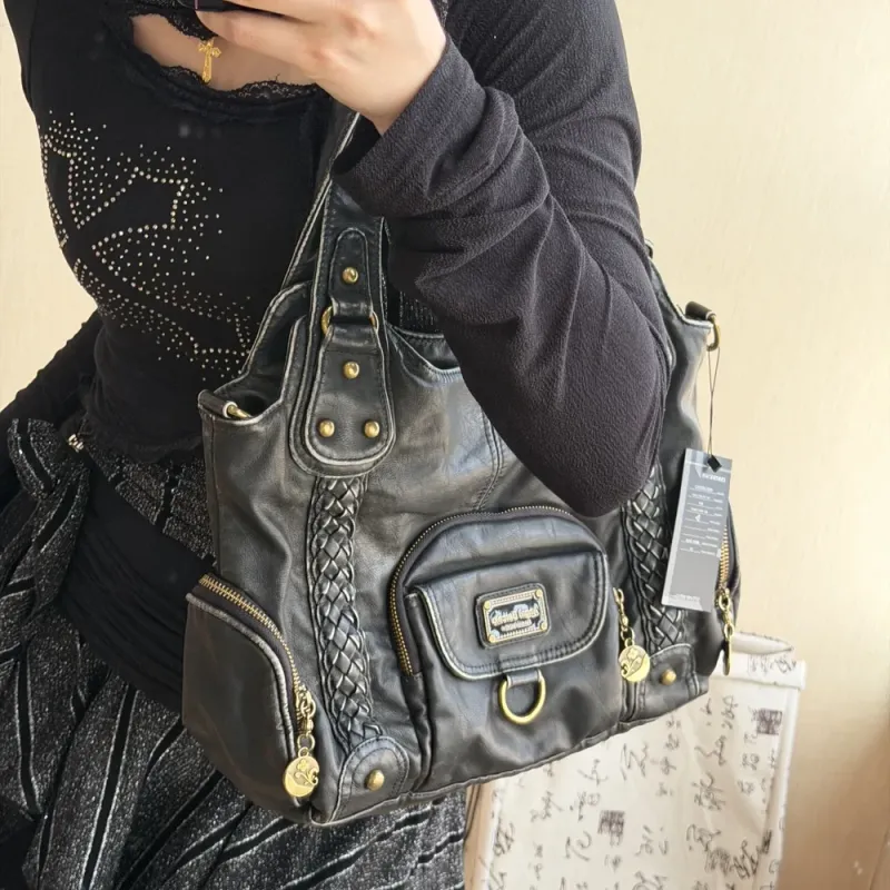 Retro Washed Leather Tote Bag Distressed Braided Detail Shoulder Bag Purse with Antique Gold Hardware Large Hobo Handbag