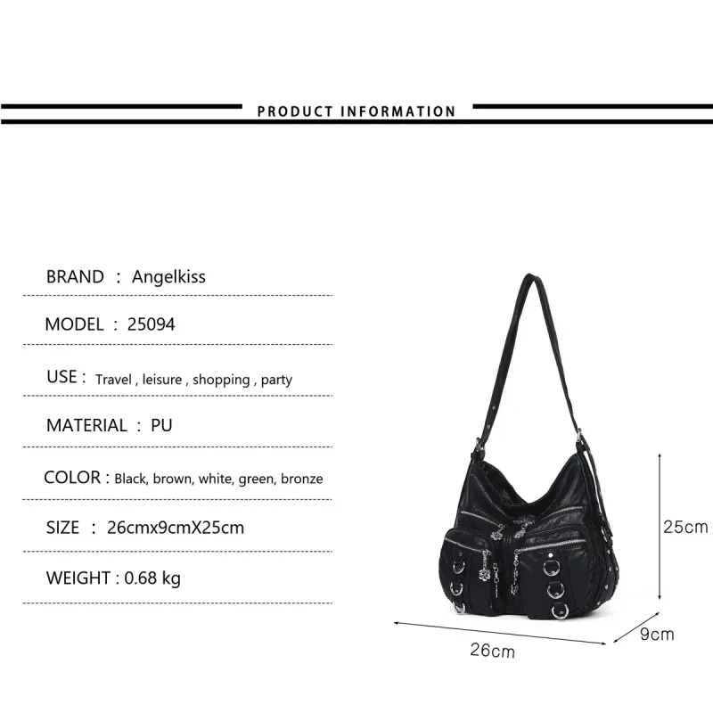 Women's Bag PU Shoulder Bag Soft Fashion Handbag Large Vintage Black Dyeing Dumpling Pack Multi-pockets Crossbody Bag