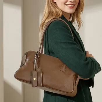BURMINSA Luxury Genuine Leather Underarm Shoulder Bags For Women Vintage Top Handle Cowhide Boston Purses Office Ladies Handbags