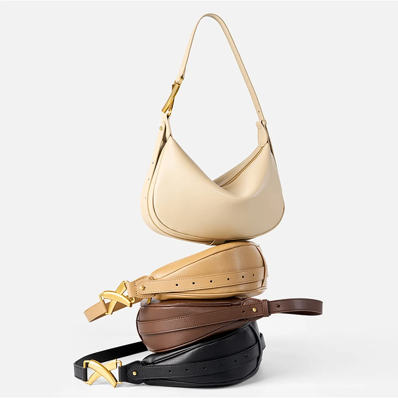 Burminsa Cowhide Genuine Leather Underarm Shoulder Bags For Women 2026 Luxury Designer Crescent Purses Half Moon Ladies Handbags