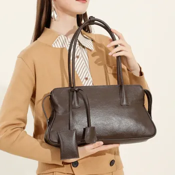 BURMINSA Luxury Genuine Leather Underarm Shoulder Bags For Women Vintage Top Handle Cowhide Boston Purses Office Ladies Handbags