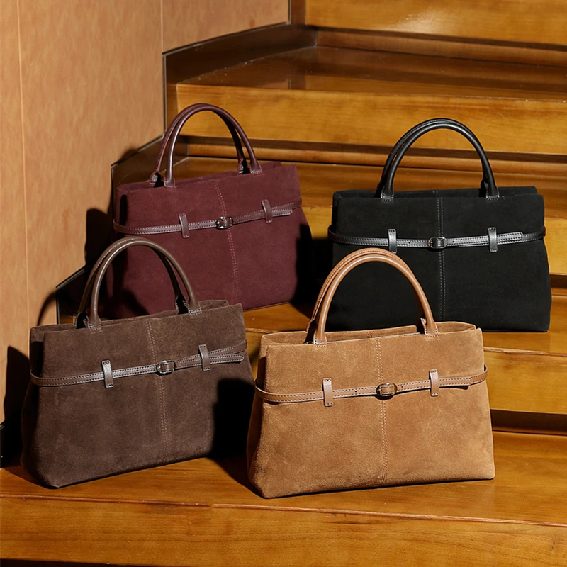 BURMINSA Genuine Suede Leather Commuter Tote Bags For Women 2026 Luxury Top Handle Cow Handbags Office Crossbody Shoulder Purses