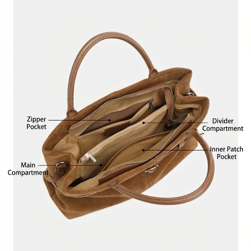 BURMINSA Genuine Suede Leather Commuter Tote Bags For Women 2026 Luxury Top Handle Cow Handbags Office Crossbody Shoulder Purses