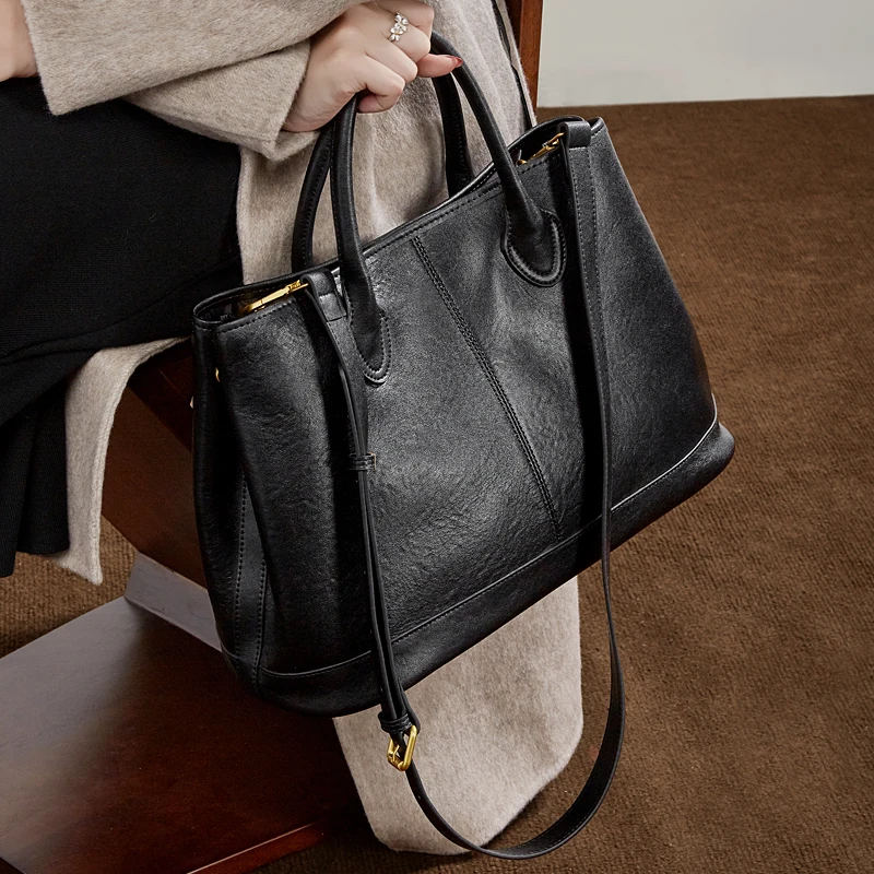 BURMINSA Genuine Cowhide Leather Women Tote Bags Vintage Luxury Large Work Shoulder Crossbody Handbags Business Commuter Purses