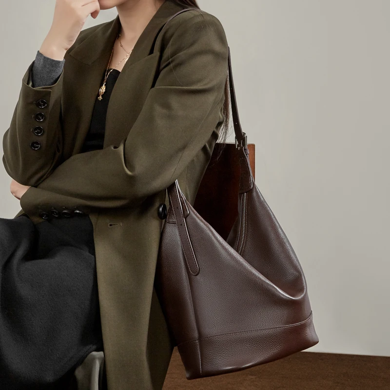 BURMINSA Luxury Genuine Leather Bucket Shoulder Bags For Women Designer Hobo Crossbody Purse Large Capacity Work Ladies Handbags