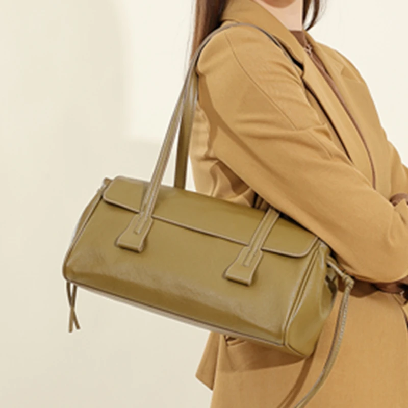 BURMINSA Luxury Genuine Leather Handbags Women French Vintage Underarm Shoulder Bags Cowhide Satchel Tote Pillow Office Purses