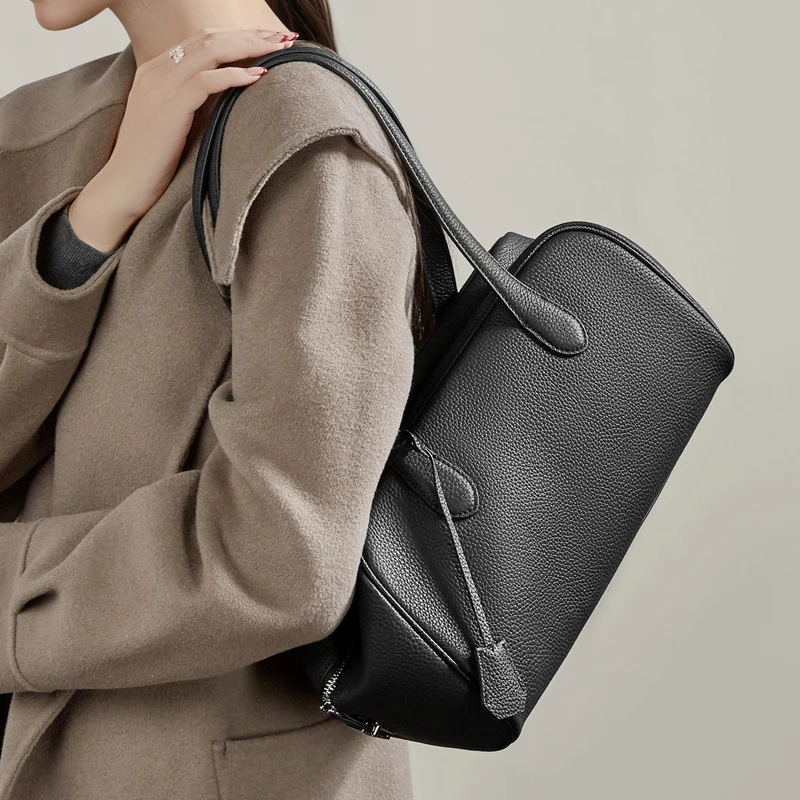 BURMINSA Luxury Genuine Leather Boston Shoulder Bags For Women 2026 Elegant Designer Satchel Tote Purse Office Underarm Handbags