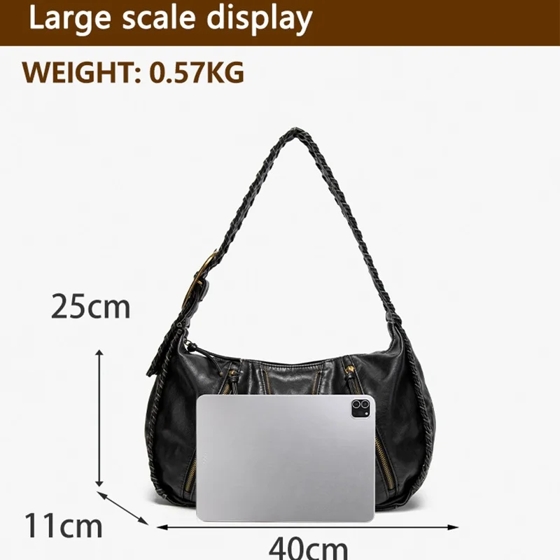 Venn Angel Vintage Handbag Black Hobo Bag for Women, Soft Faux Leather Shoulder Bag with Braided Strap & Multi-Zipper Pockets