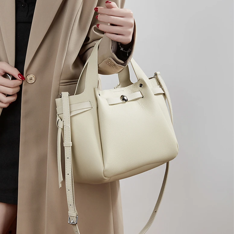BURMINSA Luxury Genuine Leather Bucket Shoulder Bags For Women Vintage Top Grain Cowhide Crossbody Totes Work Ladies Handbags