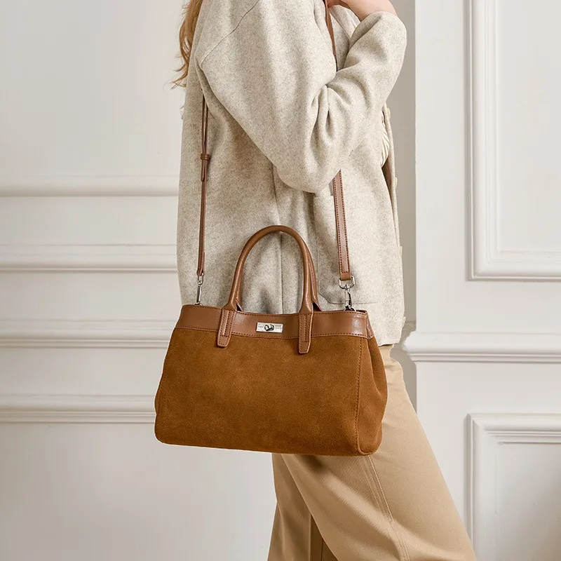 BURMINSA Genuine Leather Suede Tote Bags Women Luxury Metal Clasp Top Handle Shoulder Crossbody Bags Retro Office Work Handbags