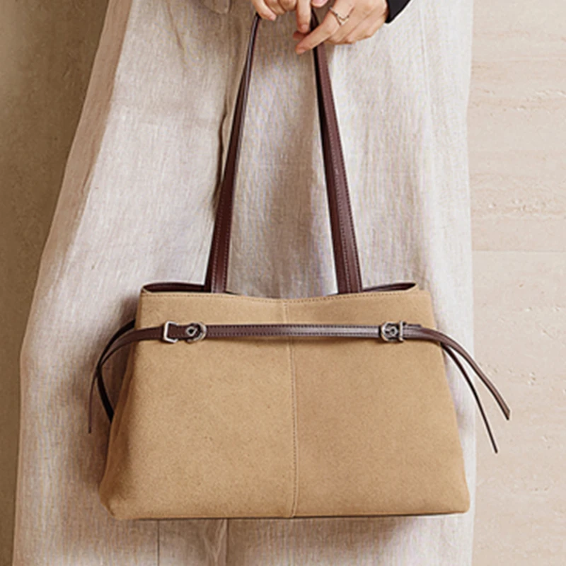 Burminsa Suede Cow Genuine Leather Large Shoulder Tote Bags For Women 2026 Luxury Designer Bucket Shopper Office Ladies Handbags