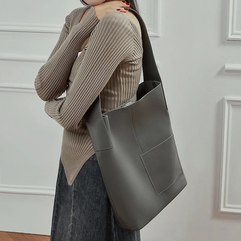 BURMINSA Luxury Genuine Leather Bucket Tote Bags Women Minimalist Vintage Shoulder Purses Large Office Commuter Shopper Handbags
