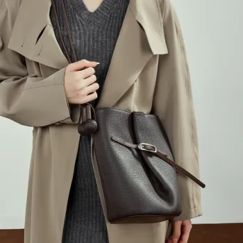 BURMINSA Luxury Genuine Leather Bucket Bags For Women Designer Minimalist Shoulder Crossbody Purses Elegant Work Tote Handbags