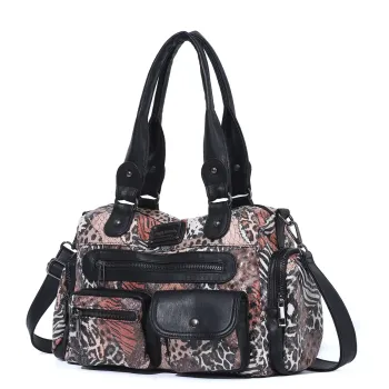 Vintage Washed Black Multi-Pocket Satchel Bag, Large Capacity Convertible Crossbody Shoulder Handbag with Detachable Strap