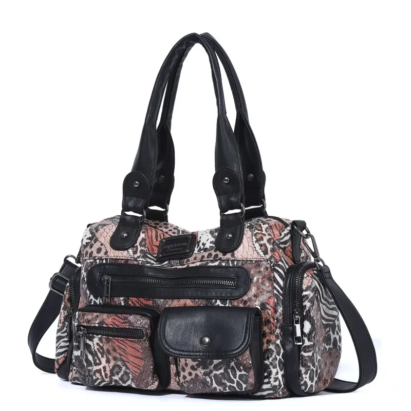 Vintage Washed Black Multi-Pocket Satchel Bag, Large Capacity Convertible Crossbody Shoulder Handbag with Detachable Strap