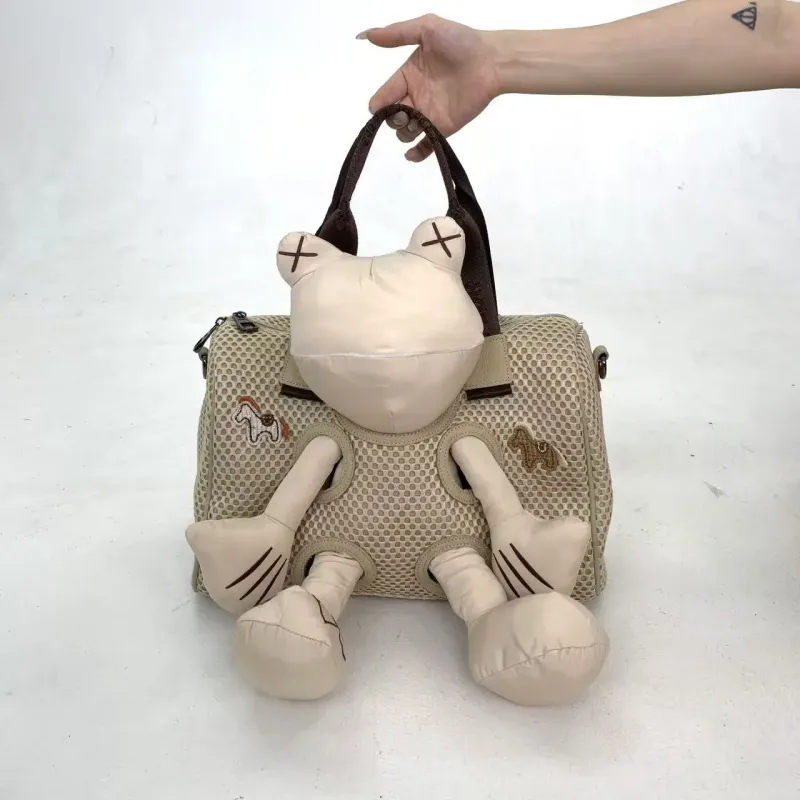 Venn Angel Nylon Women's Handbag Large Fashion Mesh Spliced Shoulder Bag with Bear Doll Design Crossbody Style for Women
