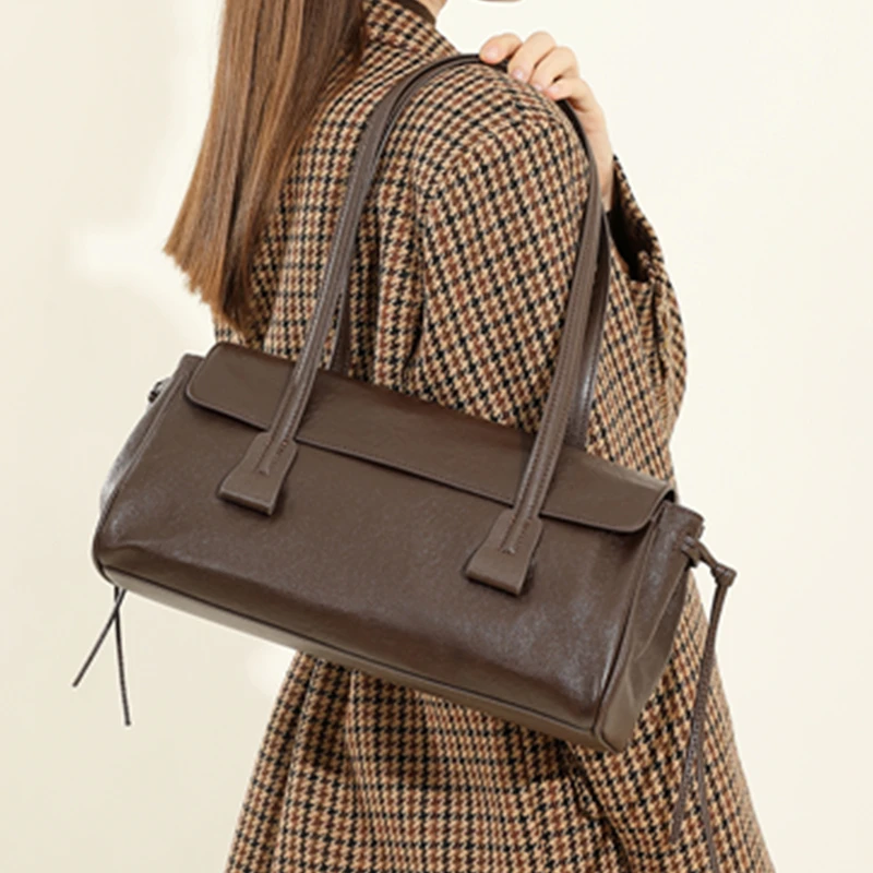 BURMINSA Luxury Genuine Leather Handbags Women French Vintage Underarm Shoulder Bags Cowhide Satchel Tote Pillow Office Purses