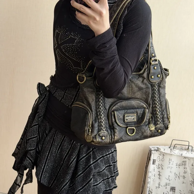 Retro Washed Leather Tote Bag Distressed Braided Detail Shoulder Bag Purse with Antique Gold Hardware Large Hobo Handbag