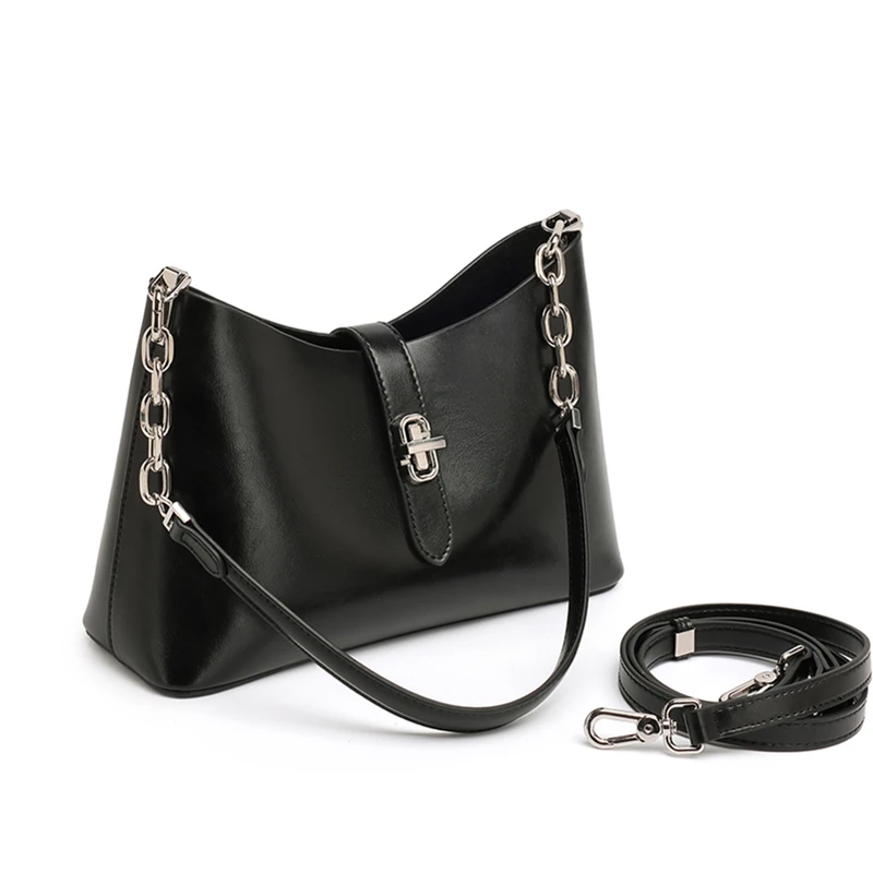 BURMINSA Luxury Genuine Leather Handbags For Women 2026 Designer Glossy Chain Shoulder Bags Oil Wax Crossbody Purses Hobo Totes