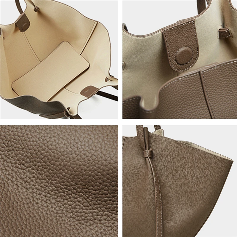 BURMINSA Luxury Genuine Leather Tote Bags For Women Cowhide Commuter Handbags Minimalist Daily Shopping Travel Shoulder Purses