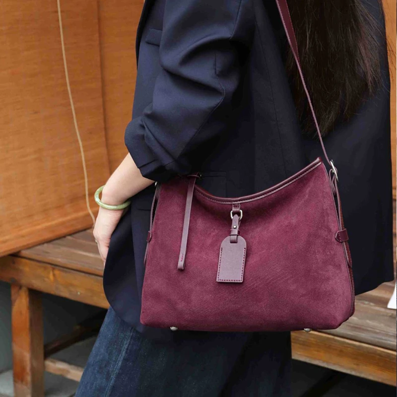 BURMINSA Suede Genuine Leather Hobo Shoulder Bags For Women Luxury Designer Soft Bucket Tote Elegant Messenger Ladies Handbags