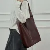 BURMINSA Luxury Genuine Leather Bucket Tote Bags Women Minimalist Vintage Shoulder Purses Large Office Commuter Shopper Handbags