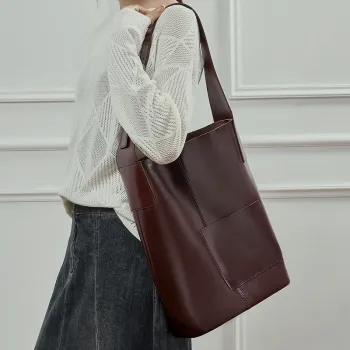 BURMINSA Luxury Genuine Leather Bucket Tote Bags Women Minimalist Vintage Shoulder Purses Large Office Commuter Shopper Handbags