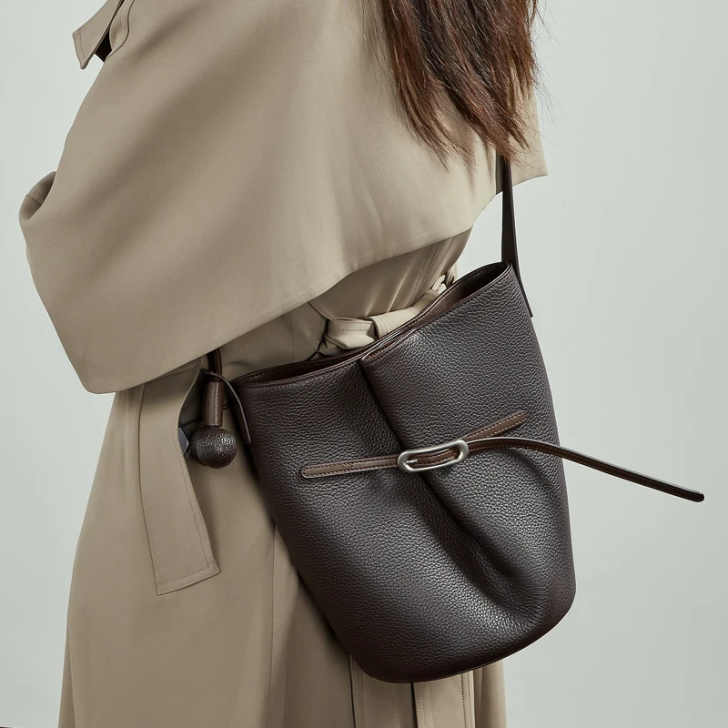 BURMINSA Luxury Genuine Leather Bucket Bags For Women Designer Minimalist Shoulder Crossbody Purses Elegant Work Tote Handbags