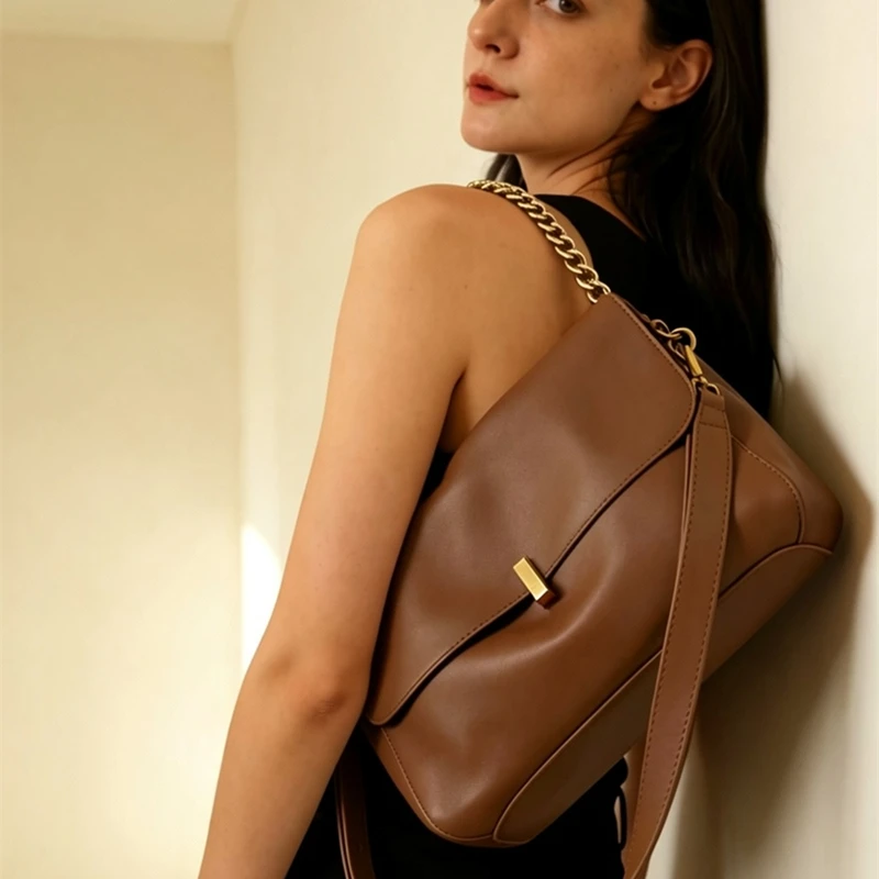 BURMINSA Minimalist Genuine Leather Chain Shoulder Bags For Women 2026 Elegant Flap Crossbody Satchel Structured Female Handbags