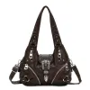 Vintage Western Buckle Hobo Bag, Black PU Leather Y2K Shoulder Purse with Silver Rivets, Adjustable Strap & Multi-Zipper Pockets
