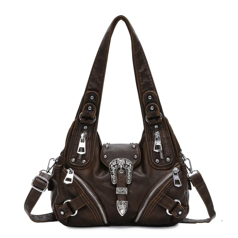 Vintage Western Buckle Hobo Bag, Black PU Leather Y2K Shoulder Purse with Silver Rivets, Adjustable Strap & Multi-Zipper Pockets