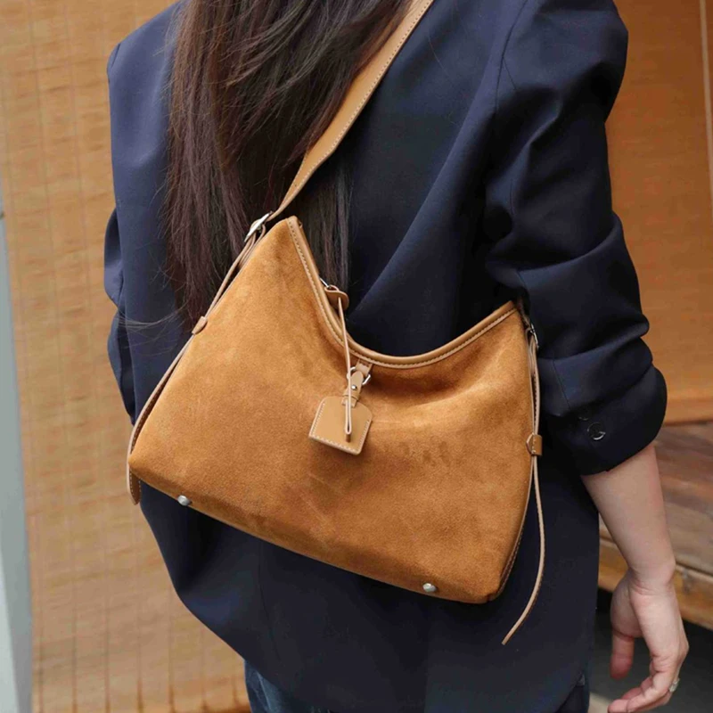 BURMINSA Suede Genuine Leather Hobo Shoulder Bags For Women Luxury Designer Soft Bucket Tote Elegant Messenger Ladies Handbags