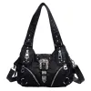 Vintage Western Buckle Hobo Bag, Black PU Leather Y2K Shoulder Purse with Silver Rivets, Adjustable Strap & Multi-Zipper Pockets