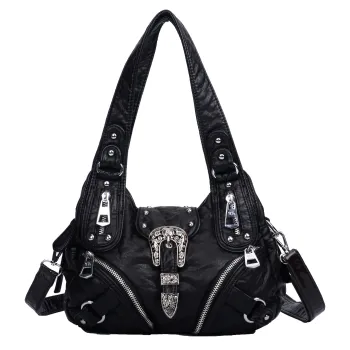 Vintage Western Buckle Hobo Bag, Black PU Leather Y2K Shoulder Purse with Silver Rivets, Adjustable Strap & Multi-Zipper Pockets