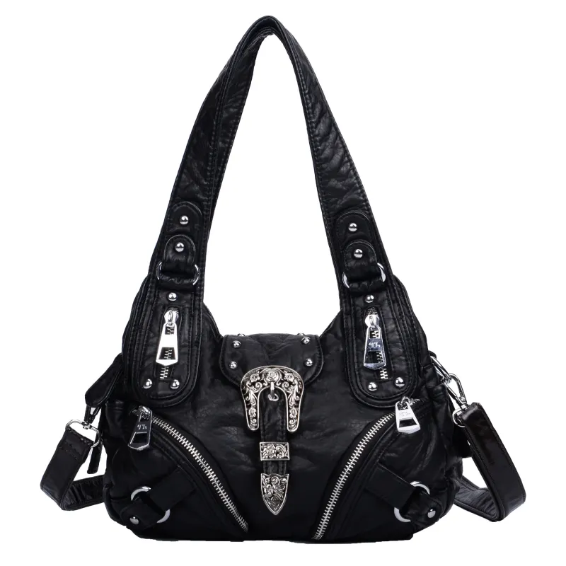 Vintage Western Buckle Hobo Bag, Black PU Leather Y2K Shoulder Purse with Silver Rivets, Adjustable Strap & Multi-Zipper Pockets
