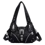 Vintage Western Buckle Hobo Bag, Black PU Leather Y2K Shoulder Purse with Silver Rivets, Adjustable Strap & Multi-Zipper Pockets