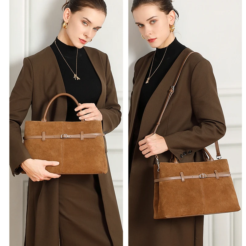 BURMINSA Genuine Suede Leather Commuter Tote Bags For Women 2026 Luxury Top Handle Cow Handbags Office Crossbody Shoulder Purses