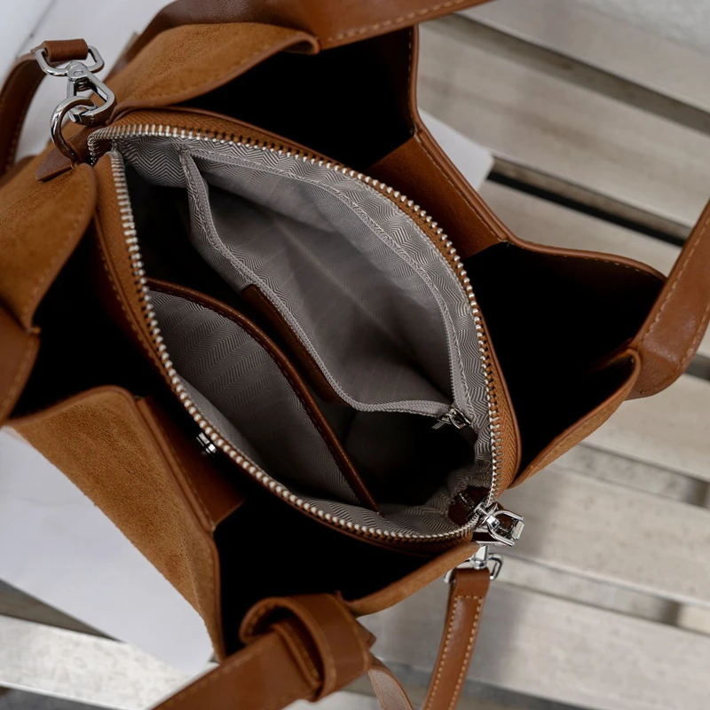 Burminsa Cowhide Suede Genuine Leather Tote Handbags For Women 2026 Luxury Designer Bucket Work Ladies Shoulder Crossbody Bags