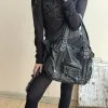Vintage Distressed Leather Tote Bag, Retro Braided Shoulder Bag with Antique Brass Hardware, Multi-Pocket Hobo Handbag for Women