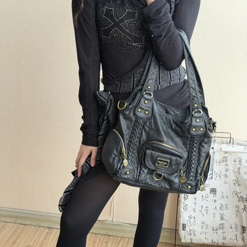Vintage Distressed Leather Tote Bag, Retro Braided Shoulder Bag with Antique Brass Hardware, Multi-Pocket Hobo Handbag for Women