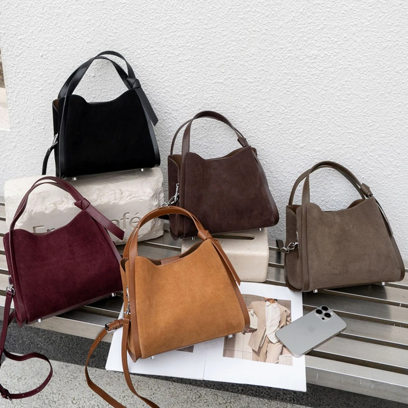 Burminsa Cowhide Suede Genuine Leather Tote Handbags For Women 2026 Luxury Designer Bucket Work Ladies Shoulder Crossbody Bags