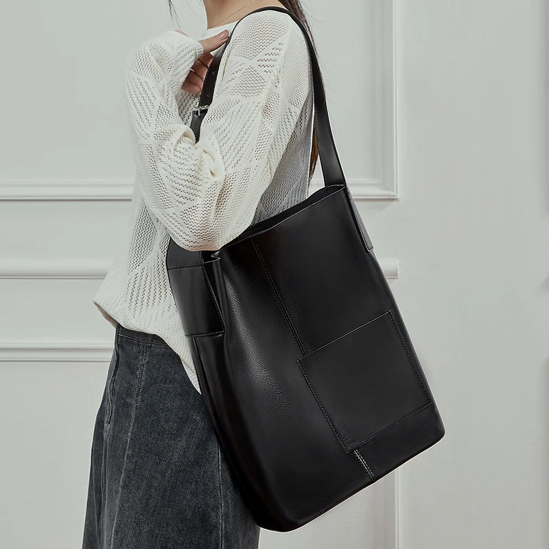 BURMINSA Luxury Genuine Leather Bucket Tote Bags Women Minimalist Vintage Shoulder Purses Large Office Commuter Shopper Handbags