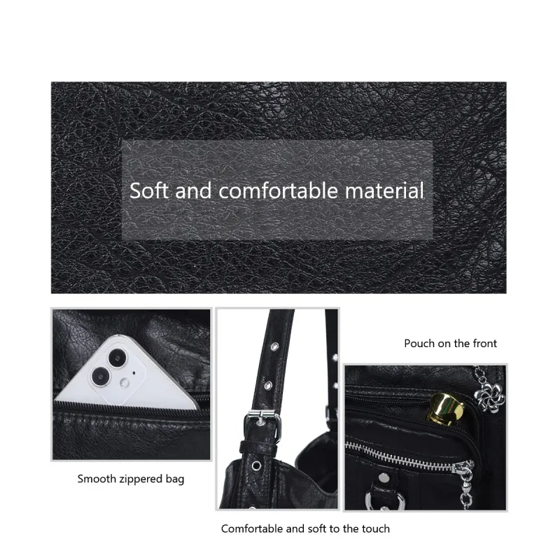 Women's Bag PU Shoulder Bag Soft Fashion Handbag Large Vintage Black Dyeing Dumpling Pack Multi-pockets Crossbody Bag