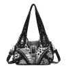 Vintage Western Buckle Hobo Bag, Black PU Leather Y2K Shoulder Purse with Silver Rivets, Adjustable Strap & Multi-Zipper Pockets