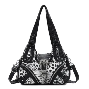 Vintage Western Buckle Hobo Bag, Black PU Leather Y2K Shoulder Purse with Silver Rivets, Adjustable Strap & Multi-Zipper Pockets