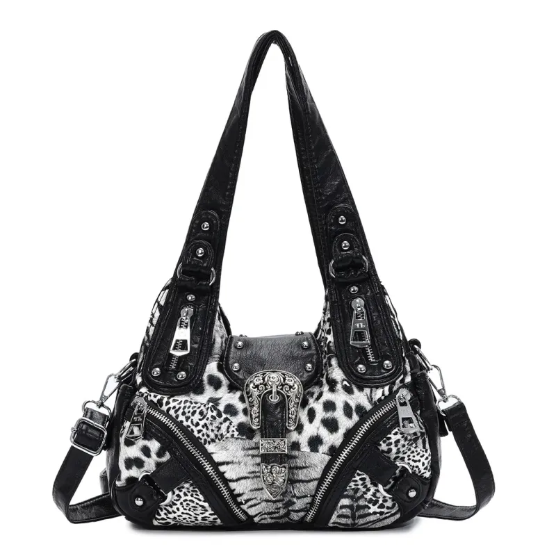 Vintage Western Buckle Hobo Bag, Black PU Leather Y2K Shoulder Purse with Silver Rivets, Adjustable Strap & Multi-Zipper Pockets